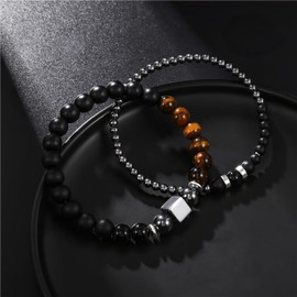 Pulseras para Hombres QWONEKOU,Pulsera de Ojo de Tigre Esmerilado Negro para Hombre,Dobles Pulsera Cuentas de Hierro Cuadradas,Regalo de Joyería para Hombres y Adolescentes – Joyería de Moda 30024