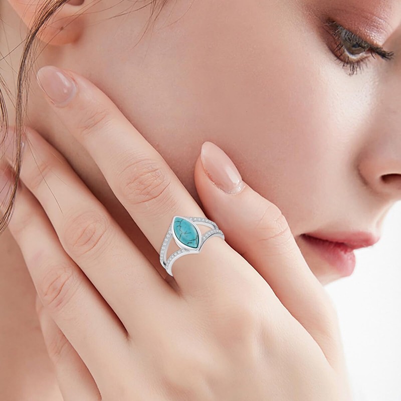 BETHZA Real Turquoise Rings 925 Sterling Silver Marquise Shape Turquoise