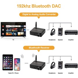 Convertidor digital a analógico de 192 kHz, receptor Bluetooth 5.0 DAC con amplificador de auriculares de 16 a 300 Ω, salida de audio óptico/coaxial a RCA de 3.5 mm con control de volumen para TV