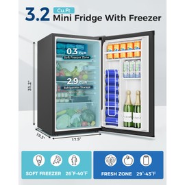 Feelfunn Mini Fridge with Freezer - 3.2 Cu.Ft Single Door Mini Refrigerator with Adjustable Thermostat, Low Noise, Energy Saving, Small Fridge for Bedroom, Apartment, Dorm, Classroom, Office - Silver