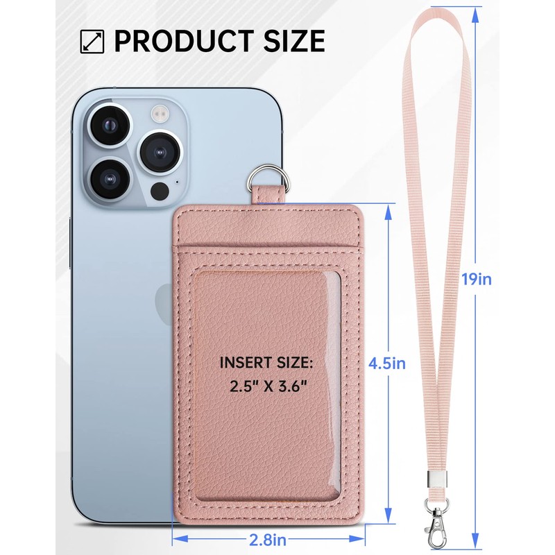 Teskyer ID Card Holder with Strap, PU Leather, Transparent Window