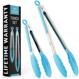 Zulay Stainless Steel Kitchen Tongs with Silicone Tips - Set of 2 (9” & 12”) Locking Cooking Tongs with Non-Slip Grip - Heat Resistant, BBQ Food Tongs for Non-Stick Cooking Pans (Silver/Light Blue)