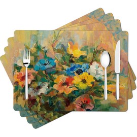 Painting Placemats Set of 6, Heat Resistant Place Mats for Kitchen Table, Floral Placemat for Holiday Banquet Kitchen Table Decor, Non-Slip Table Mats, Washable Material for Dining Table