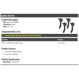 Ignition Coil Set - 4 Piece - Compatible with 2016-2018 Chevy Cruze 1.4L 4-Cylinder