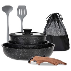 MAISON ARTS Induction Cookware Set - 8 Piece Nonstick Pots and Pans with Detachable Handle, Black Granite Cooking Set, Ideal for Camping and RVs