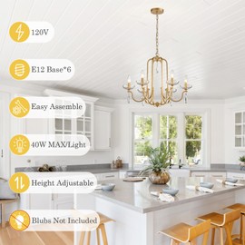 Cabvope Gold Candle Metal Crystal Chandeliers 6-Light for Dining Room Modern Farmhouse 23.8 Inch Large Pendant Lighting Fixture Adjustable Height Ceiling Lamp for Hallway Kitchen Island Bedroom Lamp