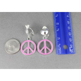 pink silver Peace Sign Clip On earrings pendant clips lightweight 1.75 inches long silver clips non-pierced earrings