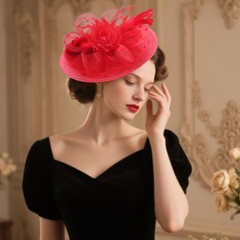 DRESHOW Mesh Women's Flower with Pearl Feather Fascinators Hat on a Headband and a Forked Clip Cocktail Tea Party Headpiece for Girls & Women Noble Kentucky Hat, 19-Red, Unit size