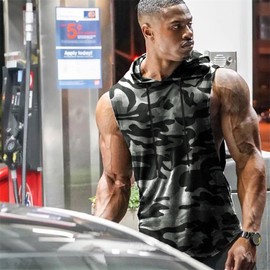 Babioboa Men's Breathable Hooded Tank Tops Running Sleeveless Hoodies Dry Fit Sleeveless Hoodie(CamoGrey Large)