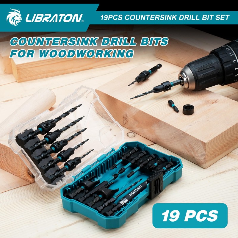 Libraton Countersink Drill Bit Set, 19 PCS Tapered Drill Bits