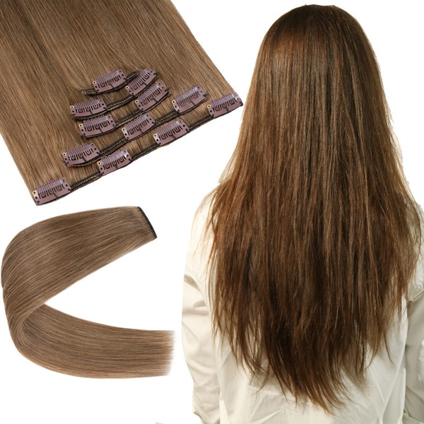 S-noilite Clip-In Real Hair Extensions, #6 Light Brown, 100% Remy Real Hair, 5 Wefts, 12 Clips, Real Hair, Remy Natural for Thin Hair, 35 cm (60 g)