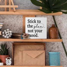 Nvotell Inspirational Stick to the Plan Not Your Mood Wooden Box Sign, Motivational Positive Affirmations Wood Block Plaque for Home Office Desk Shelf Tabletop Decor 5x5 Inch