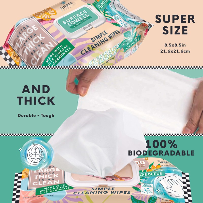 Juniper CLEAN 3 Packs Surface Cleaning Wipes Bleach Free, Thick