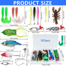 XSHAO® 107 Stück Angelköder Set, Angelköder für Barsch mit Aufbewahrungsbox Fischköder Gummifische für Hecht, für Süßwasser Salzwasser Fischen