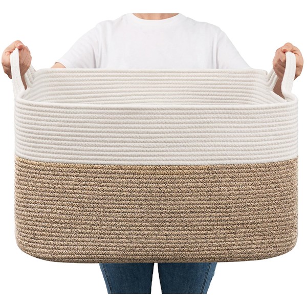 Goodpick Large Blanket Basket, Woven Basket for Storage Rectangle Dirty Clothes Basket for Laundry, Living Room, Nursery, Bedroom Rope Storage Basket for Blankets, Toys, 21.6" x 14.9" x 11.8", 65L