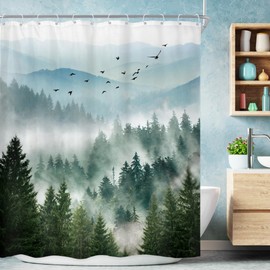 Riyidecor Misty Mountain Shower Curtain 72Wx72H Inch Nature Scenery Foggy Green Pine Tree Scenic Woodland Greenery Mens Bathroom Decor Fabric Polyester Waterproof 12 Pack Hooks