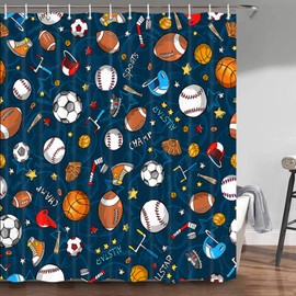 Sports Shower Curtain for Kids Children Teens, Basketball Football Baseball Hockey Star Blue Sports Bathroom Decor, Fabric Baseball Shower Curtain Hooks Include, 70 in