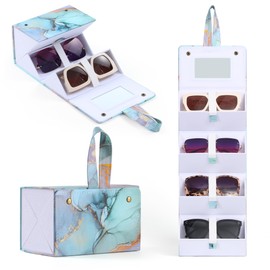 Muf Travel Sunglass Organizer, 4-Slot Leather Case for Multiple Sunglasses, with Mirror & Strap, Storage for Oversized Glasses for Men & Women, Green Marble
