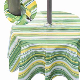 Eternal Beauty 152cm Round Green & Yellow Stripe Indoor Outdoor Splashproof Tablecloth with Umbrella Hole and Zipper for Patio Garden Party and BBQ（60 Inch）
