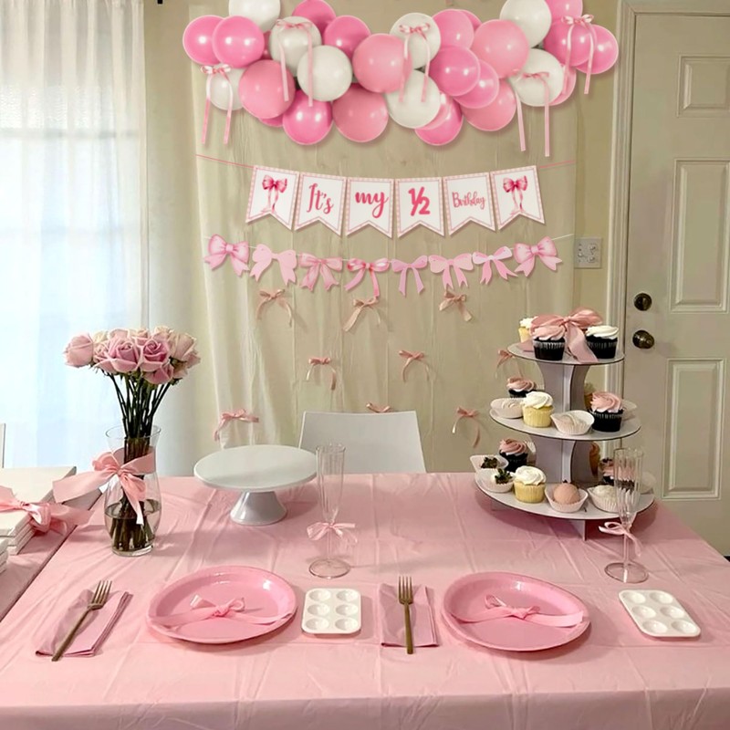 LaVenty Pink Bow Half Birthday Deocoration Pink 1/2 Birthday Supplies