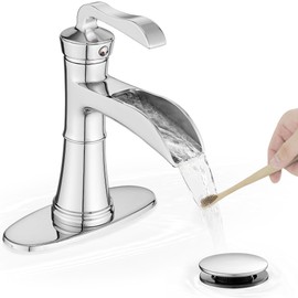 HEYMYTAP Brass Chrome Bathroom Faucet Single Handle, Bathroom Faucets One Hole, 4 Inch Waterfall Faucet for Bathroom Sink 3 Hole with Deck Plate, Pop-up Drain and Supply Hoses