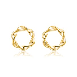 Reffeer Solid 925 Sterling Silver Circle Stud Earrings for Women Teens Minimalist Open Stud Hollow Earrings (B-Gold)