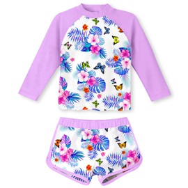 ACOCOPY Swimsuits for Girls Tropical Flowers Rash Guard Set with Shorts Two Piece Long Sleeve Beach Bathing Suits Swimwear Size 7-8