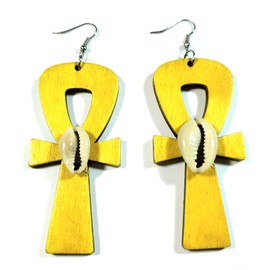 Teri's Boutique Anka Ankh Symbol of Life Cross Wood Sea Shell Point Fashion Style Women Dangle Earrings (Yellow)