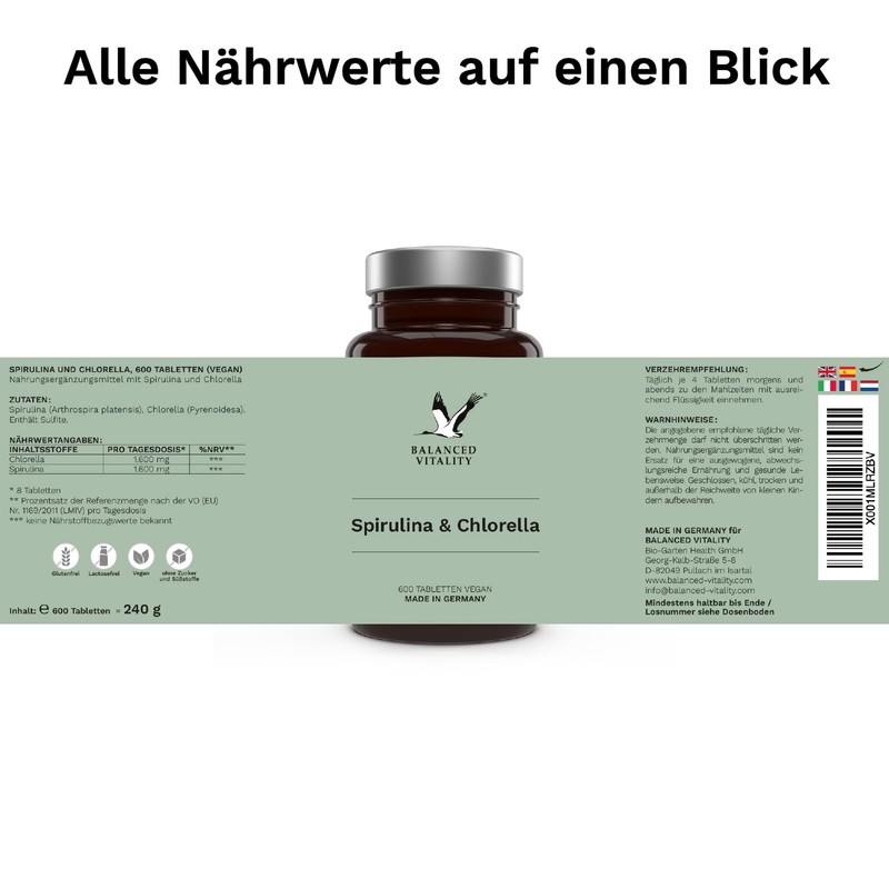 Spirulina and Chlorella 1600 mg - 600 Vegan Pellets for