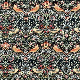 Cotton Fabric - William Morris Strawberry Thief Ebony Black & Brown Taupe- Floral & Bird Print - Craft Fabric Material Metre