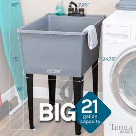 Tehila Basics by JS Jackson Supplies 21-Gallon Grey Freestanding Utility Sink with Black 2-Handle Faucet, Heavy Duty Plastic Laundry Tub with Adjustable Legs