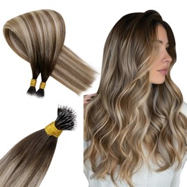 Hetto Balayage Nano Ring Hair Extensions Real Human Hair Nano Hair Extensions Ombre Dark Brown to Light Brown with Medium Blonde Nano Beads Human Hair Extensions Straight 50g #3/8/22 14Inch 50S