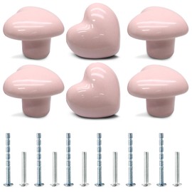 Cionyce 6 Pack Ceramic Cabinet Knobs Heart Shape Cabinet Dresser Pulls Handles Cute Small Vanity Knobs Hardware Closet Cupboard Knob for Bedroom(Powder Pink)
