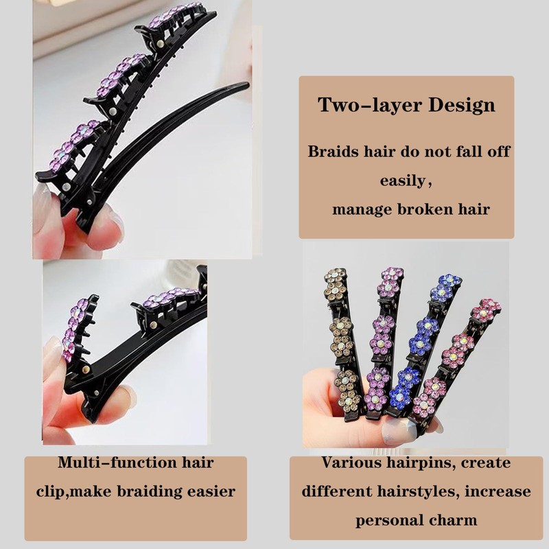 Sparkling Crystal Stone Braided Hair Clips,Double Braided Bangs Hairpins,Rhinestone Hair