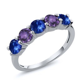 Gem Stone King 925 Sterling Silver Blue Sapphire and Purple Amethyst Wedding Band Ring For Women (1.02 Cttw, Round 3.5MM, Gemstone September Birthstone, Available In Size 5, 6, 7, 8, 9)
