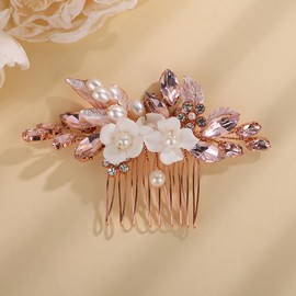 Teyglen Dainty Pink Crystal Flower Hair Comb Bridal Rhinestone Pearl Hair Piece Wedding Leaf Flower Hair Side Comb Floral Hair Accessories for Women Wedding Headpiece(Pink)