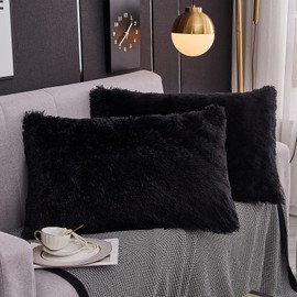 WERDIM Shaggy Fluffy Faux Fur Pillowcases 2 Pack Button Closure Velvet Pillow Shams King Size (Black, 20 X 36 Inches)