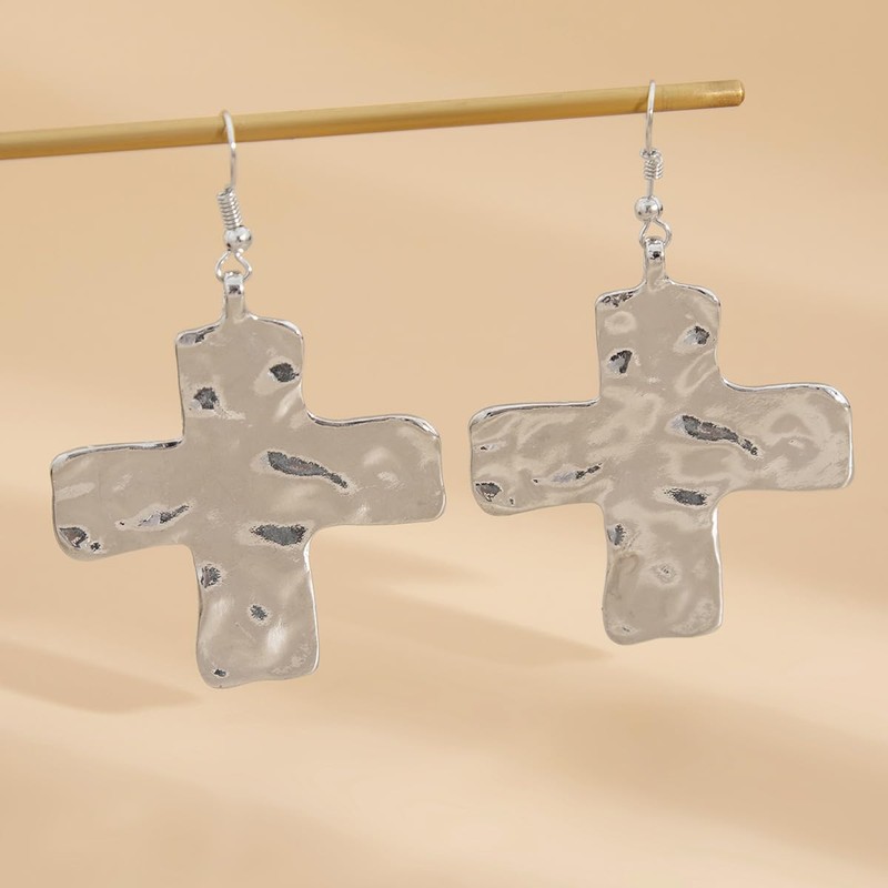 Chunky Gold Big Hammered Cross Drop Dangle Earrings for Women