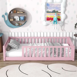 PVWIIK Twin Size Montessori Floor Bed with Wood Slats Support for Girls & Boys,Wood Montessori Bed Frame with Safety Guardrails & Close to The Floor for Kids,Pink