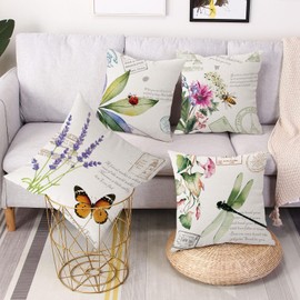 Coeufuedy Spring Outdoor Waterproof Throw Pillow Covers 18 x 18 Inch Set of 4 Butterfly Dragonfly Ladybug Bee Flower Decorative Cushion Cases for Sofa Couch Patio Furniture