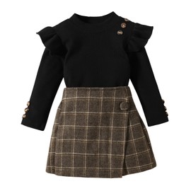 UUAISSO Toddler Baby Girl Clothing Long Sleeve Ribbed Tops Plaid Tweed Pattern Skirt Beret Autumn Button Outfits Sets, black trouser skirt