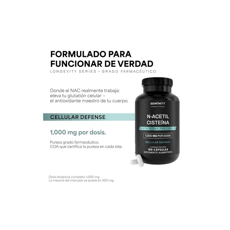 N-Acetil Cisteína (NAC) 1,000 mg por Dosis, 180 Cápsulas, Pureza