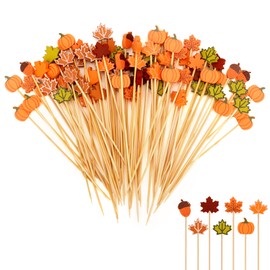 Fall Cocktail Picks, 100 PCS Toothpicks for Appetizers, Maple Leaves Pumpkins Acorn Decorative Fancy Picks for Food, Bamboo Food Sandwich Skewers Drink Dessert for Autumn Thanksgiving Party Decoration