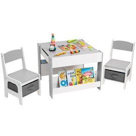 Cozivolife Kids Table and Chair Set (2 Chairs Included),Child Wooden Activity Furniture with Storage Bins Boxes and Book Organiser, 2 in 1 Detachable Tabletop Desk Group for Toddlers Drawing