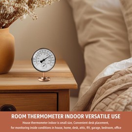 Foxyoo 4-Inch Indoor Thermometer and Humidity Gauge, Room Analog Temperature and Humidity Monitor, Dual Scale Display, Brass Dial with Stand, Battery-Free for House, Home, Desk, Bedroom, Garage, RV
