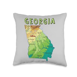 Physical Map of Georgia, major cities, lakes, rivers, USA Throw Pillow