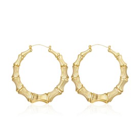 Kwkppz 18K Gold Plated Bamboo Hoop Earrings for Women – Large Round Heart Design, 80/90s Ghetto Door Knocker Style, Trendy Hip Hop Jewelry Accessories (Gold Hoop 50mm)