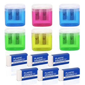 TSHAOUN Manual Pencil Sharpener, Colorful Double Hole Sharpener with Lid and 6 White Plastic Erasers for Kids Students School Home Office Accessories (Multicolor)