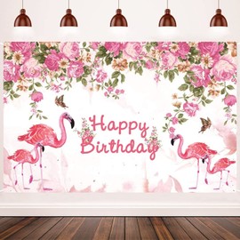 Flamingo Flower Happy Birthday Backdrop Decorations Summer Hawaiian Birthday Party Background Flamingo Birthday Party Decoration Supplies