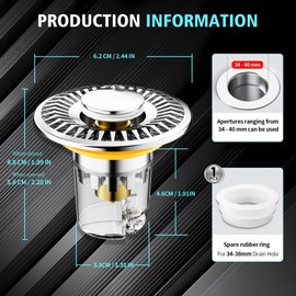 Upgraded Bathroom Sink Plug, Stainless Steel Pop Up Drain Strainer, Metal Drain Plug, Universal, Sink Plug, with Filter Strainer/Seals, Drain Plug for Bathroom, Sink and Kitchen (34-40 mm), Pack of 1